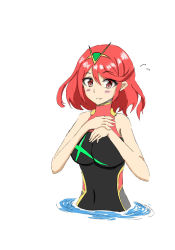 Rule 34 | 1girl, blue fox (aoba), blush, breasts, competition swimsuit, earrings, gem, hair ornament, headpiece, jewelry, large breasts, nintendo, one-piece swimsuit, pyra (xenoblade), red hair, short hair, simple background, solo, swept bangs, swimsuit, tiara, white background, xenoblade chronicles (series), xenoblade chronicles 2