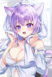Rule 34 | 1girl, :d, ahoge, animal ear fluff, animal ears, black collar, breasts, cat ears, cat girl, cat tail, cleavage, collar, collarbone, collared shirt, commentary request, day, dress shirt, drying, drying hair, fang, hair between eyes, hands up, highres, hololive, indoors, medium breasts, motohara moka, nekomata okayu, nekomata okayu (oversized shirt), no bra, open mouth, purple eyes, purple hair, see-through, shirt, smile, solo, tail, tail raised, towel, towel on head, virtual youtuber, wet, wet clothes, wet shirt, white shirt, window