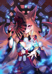 Rule 34 | 1girl, absurdres, animal ear fluff, animal ears, bad id, bad pixiv id, blonde hair, breasts, fox ears, fox girl, fox tail, hand fan, hand up, highres, hisana, holding, holding fan, japanese clothes, kimono, kitsune, long hair, looking at viewer, medium breasts, multiple tails, one eye covered, original, pink eyes, smile, solo, tail