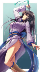 Rule 34 | 1girl, :o, aqua background, black hair, boots, border, breasts, brown eyes, brown footwear, collared shirt, commentary, feet out of frame, fire emblem, fire emblem: the blazing blade, gradient background, highres, holding, holding sword, holding weapon, karla (fire emblem), large breasts, legs, long hair, minamonochaba, nintendo, open mouth, outside border, purple shirt, shirt, side slit, sleeves past wrists, solo, standing, standing on one leg, sword, weapon, white border