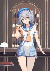 Rule 34 | 1girl, :d, absurdres, alcohol, bar (place), beret, blouse, blue hat, blue shorts, bottle, bronya zaychik, bronya zaychik (valkyrie chariot), cup, drinking glass, gk guoke, grey eyes, grey hair, hat, highres, holding, holding cup, homu (honkai impact), honkai (series), honkai impact 3rd, indoors, looking at viewer, open mouth, sailor collar, see-through, see-through shirt, shirt, shorts, sleeveless, sleeveless shirt, smile, solo, summer uniform, whiskey, wine bottle, wine glass