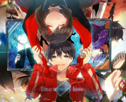 Rule 34 | 1boy, 2girls, bad id, bad pixiv id, black hair, brown hair, ene (kagerou project), headphones, jacket, kagerou project, kisaragi shintarou, long hair, loss time memory (vocaloid), multiple girls, red scarf, scarf, school uniform, scissors, short hair, smile, striped clothes, striped jacket, tateyama ayano, tears, toa (sarara23), twintails, upside-down, vocaloid