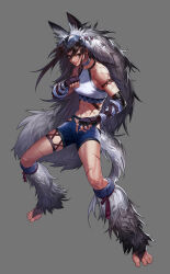 abs absurdres blue_choker boxing_shorts breasts bridal_legwear brown_eyes brown_hair chaps character_request check_copyright choker clenched_hand clothing_request commentary_request copyright_request dungeon_and_fighter elbow_gloves feet fighting_stance fingerless_gloves fingernails gloves highres kim_hana korean_commentary long_hair midriff multiple_scars navel original scar scar_on_leg scar_on_shoulder scar_on_stomach shorts skinny small_breasts smirk spread_toes tiptoes toenails toes toned_female tribal vambraces wolf_hood