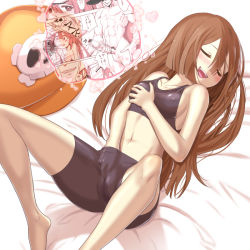 Rule 34 | 1girl, bad id, bad pixiv id, barefoot, bike shorts, blush, breasts, brown hair, clothed masturbation, covered erect nipples, closed eyes, feet, female masturbation, female pervert, guilty gear, hand under clothes, hand under shorts, hat, unworn hat, unworn headwear, imagining, johnny (guilty gear), long hair, long legs, lying, masturbation, may (guilty gear), medium breasts, midriff, navel, no panties, on back, on bed, pervert, pussy juice, pussy juice stain, grabbing own breast, shorts, sideboob, smile, solo, sports bra, sweat, yama tatsuo