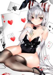 Rule 34 | 1girl, animal ears, arm at side, bare shoulders, between breasts, black bow, black bowtie, black choker, black leotard, black thighhighs, blush, bow, bowtie, breasts, card, choker, cleavage, closed mouth, collarbone, commentary request, elbow gloves, fake animal ears, fujiwara no mokou, gloves, groin, hair between eyes, hair bow, high heels, highres, hiiro60, lace, lace-trimmed legwear, lace trim, large breasts, leotard, long hair, looking at viewer, money, money between breasts, playboy bunny, rabbit ears, rabbit tail, red eyes, shiny skin, sidelocks, sitting, solo, strapless, strapless leotard, sweat, tail, thighhighs, thighs, touhou, tucked money, very long hair, wariza, white bow, white hair