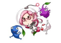 Rule 34 | 1girl, alien, backpack, bag, black eyes, blue pikmin, blue skin, brittany (pikmin), colored skin, commentary request, creature, eyelashes, falling, glasses, gloves, helmet, holding, holding creature, leaf, miniskirt, nintendo, open mouth, pikmin (creature), pikmin (series), pink-framed eyewear, pink bag, pink gloves, pink hair, pink skirt, pointy ears, purple hair, purple pikmin, purple skin, radio antenna, red eyes, short hair, skirt, solid oval eyes, space helmet, spacesuit, triangle mouth, triangular eyewear, very short hair, whistle, white pikmin, white skin, yamato koara
