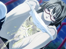 Rule 34 | 1girl, black footwear, blush, breasts, brown hair, censored, cloud, collarbone, do-s ane to boku no hounyou kankei, erotica peach, floral print, glasses, hands on own knees, large breasts, long hair, looking down, open mouth, panties, panty pull, peeing, playground, print shirt, purple eyes, pussy, shirt, shoes, sky, slide, sneakers, sparkle, squatting, star (sky), starry sky, tree, underwear, white panties, yellow shirt