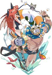 Rule 34 | 1boy, armlet, arms up, artist request, blue male swimwear, blue scarf, blue swim briefs, bracelet, brown footwear, flower, full body, gerard (world flipper), gloves, helmet, highres, holding, holding polearm, holding weapon, impaled, jewelry, jumping, lifebuoy, lionfish, male focus, male swimwear, non-web source, official art, pectorals, plume, polearm, rope, sandals, scar, scar on chest, scarf, seashell, see-through, shell, simple background, single glove, solo, spiked helmet, splashing, starfish, swim briefs, swim ring, swimsuit, toned, toned male, topless male, transparent background, trident, water, weapon, white gloves, world flipper