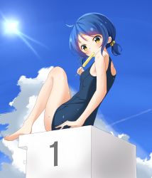 Rule 34 | 1girl, bare arms, bare legs, bare shoulders, barefoot, blue hair, blue one-piece swimsuit, blue sky, blush, brown eyes, cloud, commentary request, covered mouth, day, food, gochuumon wa usagi desu ka?, head tilt, highres, holding, holding food, jouga maya, kousaka nobaku, looking at viewer, looking to the side, one-piece swimsuit, outdoors, popsicle, school swimsuit, sitting, sky, solo, sun, sunlight, swimsuit, wet