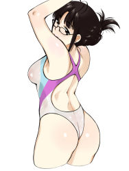 Rule 34 | 1girl, akizuki ritsuko, antenna hair, armpits, arms up, ass, back, back cutout, bare arms, bare shoulders, black-framed eyewear, blunt bangs, blush, breasts, brown eyes, brown hair, closed mouth, clothing cutout, competition swimsuit, cowboy shot, cropped legs, curvy, folded ponytail, glasses, highres, hip focus, humiyou, idolmaster, idolmaster (classic), medium breasts, multicolored clothes, multicolored swimsuit, one-piece swimsuit, shiny clothes, short hair, sidelocks, simple background, smile, solo, standing, swimsuit, thighs, wet, wet clothes, wet swimsuit, white background