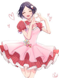 Rule 34 | 10s, 1girl, :d, ^ ^, artist name, black hair, blush, closed eyes, dress, frills, hair ornament, hayami kanade, heart, heart hair ornament, heart hands, highres, idolmaster, idolmaster cinderella girls, mairo, open mouth, parted bangs, puffy short sleeves, puffy sleeves, short hair, short sleeves, signature, simple background, smile, solo, striped clothes, striped dress, vertical-striped clothes, vertical-striped dress