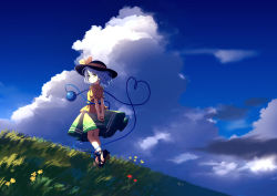 Rule 34 | 1girl, black hat, blue sky, bow, closed mouth, cloud, commentary, day, dise (psychoro), flower, frilled sleeves, frills, from behind, full body, grass, green eyes, green skirt, hat, hat bow, hat ribbon, heart, heart of string, highres, komeiji koishi, looking at viewer, looking back, outdoors, puffy short sleeves, puffy sleeves, red flower, ribbon, shirt, short hair, short sleeves, silver hair, skirt, sky, smile, solo, standing, symbol-only commentary, third eye, touhou, yellow bow, yellow flower, yellow ribbon, yellow shirt