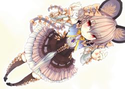 Rule 34 | 1girl, adapted costume, alternate costume, animal ears, black thighhighs, blush, bow, braid, dress, dutch angle, embellished costume, foreshortening, frilled dress, frills, gradient background, grey hair, hair bow, ishikkoro, looking at viewer, mouse ears, nazrin, pigeon-toed, red eyes, short hair, skirt, smile, solo, tail, tail bow, tail ornament, thighhighs, too many, touhou, twin braids