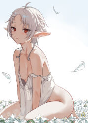 Rule 34 | 1girl, ass, bare shoulders, barefoot, blue background, breasts, camisole, collarbone, field, flower, flower field, gradient background, highres, kneeling, leaning forward, looking at viewer, mushoku tensei, no panties, pointy ears, red eyes, shirt, short hair, simple background, sleeveless, small breasts, solo, sylphiette (mushoku tensei), white background, white hair, white shirt, zefrableu