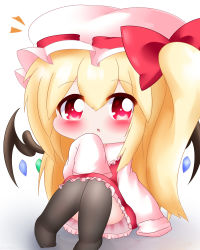 Rule 34 | 1girl, :o, alternate hair length, alternate hairstyle, arm up, black thighhighs, blonde hair, blush, chibi, commentary request, convenient leg, flandre scarlet, hair between eyes, hat, hat ribbon, highres, knees together feet apart, knees up, long hair, looking at viewer, mob cap, no shoes, over-kneehighs, petticoat, red eyes, red skirt, red vest, ribbon, shadow, side ponytail, simple background, sitting, skirt, sleeves past fingers, sleeves past wrists, solo, thighhighs, touhou, very long hair, vest, white background, white hat, wings, yairenko