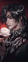 Rule 34 | 1boy, black hair, black nails, chinese clothes, ear chain, eyepatch, flower, highres, holding, holding flower, hua cheng, long hair, long sleeves, looking at another, male focus, momo mmol, red eyes, tianguan cifu, white flower, wide sleeves