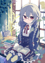Rule 34 | 1girl, arm at side, aruya (flosrota), black cardigan, black skirt, book, book stack, braid, buttons, cardigan, closed mouth, collared shirt, desk, double-breasted, feet out of frame, glasses, grey hair, grey pantyhose, hair between eyes, hair over shoulder, high-waist skirt, indoors, long sleeves, looking at viewer, low twin braids, neck ribbon, on desk, open book, open cardigan, open clothes, original, pantyhose, petticoat, plant, red eyes, red ribbon, ribbon, shirt, sidelocks, sitting, skirt, smile, solo, twin braids, vines, white shirt, window
