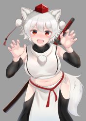 Rule 34 | 1girl, adapted costume, animal ears, bad id, bad pixiv id, bare shoulders, belly, blush, breasts, check commentary, claw pose, commentary request, cowboy shot, fangs, fingernails, grey background, hat, highres, inubashiri momiji, katana, large breasts, leaning forward, looking at viewer, midriff, nose blush, open mouth, panties, partial commentary, pelvic curtain, pom pom (clothes), red eyes, red ribbon, ribbon, sarashi, shirt, short hair, side-tie panties, simple background, sleeveless, sleeveless shirt, solo, stomach, sweat, sword, tail, teeth, tojo aoi, tokin hat, touhou, underwear, upper teeth only, v-shaped eyebrows, weapon, white hair, wolf ears, wolf tail