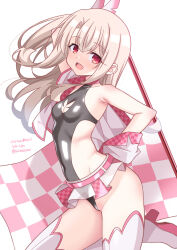 Rule 34 | 1girl, aoi masami, bare shoulders, blush, breasts, fate/kaleid liner prisma illya, fate (series), feather hair ornament, feathers, flag, grey leotard, hair ornament, highleg, highleg leotard, illyasviel von einzbern, leotard, long hair, looking at viewer, microskirt, open mouth, pink skirt, red eyes, sidelocks, skirt, small breasts, smile, solo, thighhighs, thighs, white hair, white thighhighs
