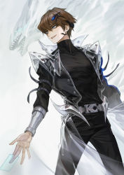 Rule 34 | 1boy, absurdres, alternate costume, arm strap, bangle, black pants, black shirt, blue-eyes white dragon, blue eyes, bracelet, brown hair, card, clothes lift, coat, dragon, duel disk, from below, grin, headset, high collar, highres, holding, holding card, jewelry, kaiba seto, long sleeves, looking to the side, male focus, metal belt, outstretched arms, pants, playing card, saber beam, see-through, shirt, short hair, smile, solo, spread arms, translucent, turtleneck, white background, white coat, yu-gi-oh!