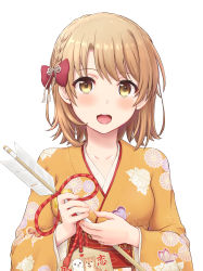 Rule 34 | 1girl, :d, absurdres, animal print, arrow (projectile), blush, bow, brown eyes, brown hair, butterfly print, collarbone, commentary request, dog, floral print, hair between eyes, hair bow, hamaya, highres, holding, holding arrow, inanaki shiki, isshiki iroha, japanese clothes, kimono, looking at viewer, new year, obi, open mouth, orange kimono, red bow, sash, short hair, simple background, smile, solo, upper body, white background, yahari ore no seishun lovecome wa machigatteiru., yukata