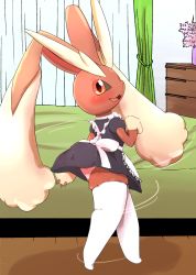 Rule 34 | 1girl, absurdres, animal ears, apron, bed, black dress, blush, buck teeth, clothed pokemon, creatures (company), curtains, dress, female focus, from side, full body, furry, furry female, game freak, gen 4 pokemon, hand up, happy, highres, indoors, looking at viewer, lopunny, maid, maid apron, motion lines, nintendo, open mouth, orange eyes, panties, pokemon, pokemon (creature), rabbit ears, rabbit tail, short dress, short sleeves, shuu kuchiba, smile, socks, solo, standing, tail, teeth, thighhighs, underwear, upskirt, white apron, white panties, white socks, white thighhighs