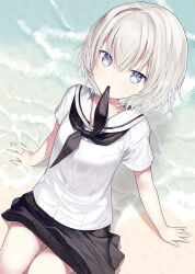 Rule 34 | 1girl, arm support, beach, black neckerchief, black skirt, blue eyes, breasts, capriccio, closed mouth, clothes lift, commentary request, day, grey hair, hair between eyes, mouth hold, neckerchief, neckerchief in mouth, on ground, original, outdoors, pleated skirt, sailor collar, sand, shirt, short sleeves, sitting, skirt, skirt lift, small breasts, solo, thigh gap, water, white sailor collar, white shirt