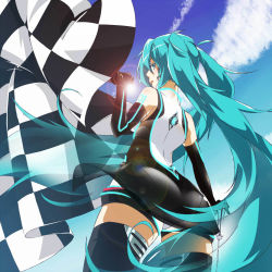 Rule 34 | 1girl, aqua eyes, aqua hair, bare shoulders, checkered flag, elbow gloves, flag, from behind, from below, gloves, gor2, hatsune miku, jpeg artifacts, lens flare, long hair, panties, race queen, racing miku, see-through, smile, solo, sun, thighhighs, twintails, underwear, very long hair, vocaloid, wind, zettai ryouiki