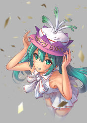 Rule 34 | 1girl, aqua eyes, aqua hair, bad id, bad pixiv id, birthday, blurry, blush, collarbone, confetti, depth of field, grin, hand to hat, hands on headwear, happy birthday, hat, hatsune miku, leaning forward, long hair, looking at viewer, pinakes, pleated skirt, simple background, skirt, smile, solo, spring onion, thighhighs, twintails, vocaloid, white thighhighs