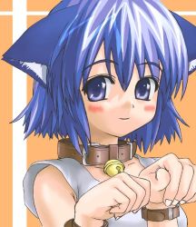 Rule 34 | 1girl, animal ears, artist request, bell, black shirt, blue eyes, blue hair, blush, breasts, cat ears, cat girl, collar, collarbone, cuffs, jingle bell, looking at viewer, neck bell, orange background, paw pose, shirt, short hair, sleeveless, sleeveless shirt, small breasts, smile, upper body