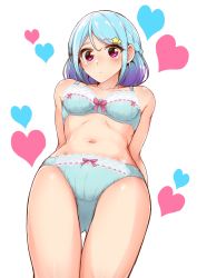 Rule 34 | 10s, 1girl, aikatsu! (series), aikatsu friends!, arms behind back, blue bra, blue hair, blue panties, blush, bow, bow bra, bow panties, bra, braid, breasts, closed mouth, commentary request, cowboy shot, crotch seam, crown braid, frown, gluteal fold, gradient hair, hair ornament, head tilt, heart, highres, lace, lace-trimmed bra, lace-trimmed panties, lace trim, looking at viewer, medium breasts, minato mio, multicolored hair, navel, panties, partial commentary, purple eyes, purple hair, ribbon-trimmed bra, ribbon-trimmed panties, ribs, simple background, solo, standing, star (symbol), star hair ornament, swept bangs, thigh gap, thighs, tyranu, underwear, underwear only, white background