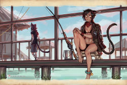 Rule 34 | 1girl, animal ears, ankle bell, anklet, warrior of light (ff14), barefoot, bbc-chan, bell, bikini, black bikini, black hair, breasts, bucket, cat ears, cat tail, commentary, commission, dark skin, english commentary, eyeshadow, final fantasy, final fantasy xiv, fishing rod, jacket, jacket on shoulders, jewelry, jingle bell, makeup, miqo&#039;te, neckerchief, pier, short hair, sitting, small breasts, solo focus, stool, swimsuit, tail, toes, watermark, web address, yellow eyes