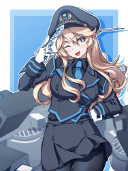 Rule 34 | 1girl, 547th sy, black pantyhose, blonde hair, blue background, blue eyes, blue necktie, breasts, cannon, collared shirt, commentary request, cosplay, cowboy shot, gloves, gluteal fold, hat, highres, iowa (kancolle), jacket, kantai collection, large breasts, looking at viewer, military, military uniform, muv-luv, muv-luv alternative, necktie, ofuda, one eye closed, open mouth, pantyhose, peaked cap, rigging, shirt, skirt, smokestack, solo, turret, uniform, united nations, white background, white gloves