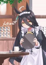 Rule 34 | 1girl, ahoge, alternate costume, animal ears, apron, black dress, black hair, blurry, blurry background, closed mouth, collared dress, commentary, cup, dress, earrings, hair between eyes, highres, holding, holding tray, horse ears, horse girl, horse tail, jewelry, long hair, long sleeves, looking at viewer, maid apron, maid headdress, manhattan cafe (umamusume), multicolored hair, puffy long sleeves, puffy sleeves, saucer, solo, spoon, standing, streaked hair, table, tail, translation request, tray, umamusume, white hair, yellow eyes, yellow neckwear, yuuichi (reductionblack)