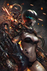 Rule 34 | 10s, 1girl, abyssal ship, bacius, bikini, black background, black bikini, black hair, breasts, broken, cable, chromatic aberration, cleavage, closed mouth, cowboy shot, debris, fire, from side, glowing, glowing eyes, highres, kantai collection, large breasts, lens flare, motion blur, navel, profile, ri-class heavy cruiser, ribs, shade, short hair, solo, sparkle, sparks, stomach, swimsuit, teeth