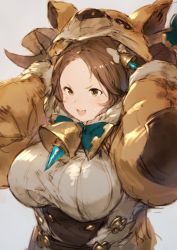 Rule 34 | 10s, 1girl, animal hat, bell, blush, breasts, brown eyes, brown gloves, brown hair, daetta (granblue fantasy), draph, fur trim, gloves, granblue fantasy, hair bell, hair ornament, hat, highres, horns, huge breasts, junwool, large breasts, open mouth, plump, simple background, smile, solo