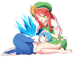 Rule 34 | 2girls, bare legs, barefoot, beret, blue eyes, blue hair, bow, braid, chinese clothes, cirno, green eyes, hair bow, hat, hong meiling, ice, ice wings, kneeling, kuresento, lap pillow, long hair, multiple girls, one eye closed, open mouth, red hair, short hair, simple background, sitting, smile, touhou, twin braids, wariza, white background, wings, wink