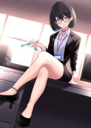 Rule 34 | 1girl, black hair, blouse, collared shirt, monitor, desk, earrings, glasses, green eyes, hair ornament, hairclip, high heels, id card, jacket, jewelry, lanyard, looking at viewer, mole, mole under eye, nail polish, necklace, on desk, shirt, shoes, sitting, on desk, skirt, solo, tagme, white shirt, window