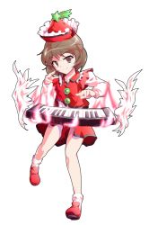Rule 34 | 1girl, alphes (style), bobby socks, brown eyes, brown hair, closed mouth, collarbone, collared shirt, crop top, dairi, eyebrows, feathered wings, feathers, frilled hat, frilled shirt collar, frills, full body, hair between eyes, hat, instrument, legs apart, loafers, long sleeves, lyrica prismriver, miniskirt, parody, piano, red footwear, red hat, red shirt, red skirt, shirt, shoes, short hair, short sleeves, skirt, smile, socks, solo, star (symbol), style parody, touhou, transparent background, undershirt, white shirt, white socks, white wings, wings