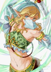 Rule 34 | 1boy, abs, blonde hair, blue eyes, commentary request, covered mouth, crossdressing, earrings, highres, holding, jewelry, link, long hair, male focus, navel, nintendo, oim8n, pointy ears, solo, sword, the legend of zelda, weapon, white background