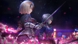 Rule 34 | 2girls, armor, armored dress, artoria pendragon (all), artoria pendragon (fate), black gloves, blonde hair, breasts, city lights, duan henglong, elbow gloves, excalibur morgan (fate), expressionless, fate/grand order, fate (series), fire, from side, fur trim, gauntlets, gloves, hair bun, hair ribbon, headpiece, highres, holding, holding sword, holding weapon, jeanne d&#039;arc (fate), jeanne d&#039;arc (ruler) (fate), jeanne d&#039;arc alter (avenger) (fate), jeanne d&#039;arc alter (fate), large breasts, lens flare, multiple girls, night, purple fire, rain, ribbon, saber alter, short hair, single hair bun, sword, weapon, yellow eyes
