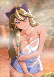 Rule 34 | 1girl, animal ears, aq interactive, arcana heart, artist request, bare shoulders, breasts, brown hair, cleavage, collarbone, curvy, examu, hair bobbles, hair ornament, hairband, highres, inuwaka akane, large breasts, long hair, looking at viewer, multicolored hair, naked towel, onsen, purple eyes, pursed lips, see-through, thick thighs, thighs, towel, water, wet, wet towel