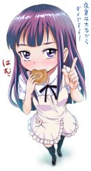Rule 34 | 1girl, apron, black thighhighs, blush, eating, female focus, from above, long hair, looking at viewer, looking up, purple hair, solo, thighhighs, unknown tan1, waitress, working!!, yamada aoi