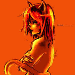 Rule 34 | 00s, 1girl, animal ears, arm grab, back, bad deviantart id, bad id, cat ears, cat tail, crossed arms, final fantasy, final fantasy xi, green eyes, holding own arm, masey, mithra (ff11), orange theme, solo, tail, tattoo, topless