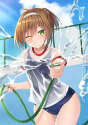 Rule 34 | 1girl, ahoge, blue one-piece swimsuit, blush, brown hair, chain-link fence, commentary request, cowboy shot, day, empty pool, fence, gluteal fold, green eyes, grin, hair between eyes, hair ornament, hair scrunchie, hairband, haru (kuzuyu), highres, holding, hose, komori kuzuyu, old school swimsuit, one-piece swimsuit, original, outdoors, ponytail, pool, school swimsuit, scrunchie, see-through, shirt, short sleeves, smile, solo, spraying, standing, swimsuit, swimsuit under clothes, thigh gap, thighs, water, wet, wet clothes, wet shirt, white hairband, white scrunchie, white shirt