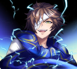 Rule 34 | 1boy, :d, aged down, black background, blue background, blue scarf, date masamune (sengoku basara), electricity, fangs, gradient background, looking at viewer, male focus, open mouth, portrait, scarf, sengoku basara, siso zakura03, smile, solo, teeth, upper teeth only, v-shaped eyebrows