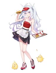 Rule 34 | 1girl, absurdres, alternate costume, apron, azur lane, bare arms, bare shoulders, blue eyes, breasts, burger, collarbone, controlline3, cross-shaped pupils, food, french fries, full body, highres, le malin (azur lane), long legs, manjuu (azur lane), pleated skirt, shirt, shoes, sidelocks, simple background, skinny, skirt, sleeveless, small breasts, solo, symbol-shaped pupils, twintails, white apron, white background, white hair, white shirt
