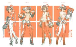 Rule 34 | 4girls, absurdres, bikini, from behind, highres, looking at viewer, mechanical arms, multiple girls, ne baozi, orange pants, original, pants, pout, shapes, standing, stomach, swimsuit, white pants, writing