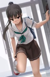 Rule 34 | 1girl, bag, black hair, blunt bangs, blush, brown eyes, commentary request, eto, highres, long hair, looking at viewer, neckerchief, open mouth, original, parted lips, pleated skirt, ponytail, putting on shoes, revision, school bag, school uniform, serafuku, shoes, short sleeves, skirt, socks, solo, uwabaki, very long hair, white socks