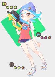 Rule 34 | 1girl, :/, bad id, bad twitter id, beanie, blue hair, blue hat, closed mouth, dolphin shorts, full body, grey eyes, hand up, hat, hero shot (splatoon 2), highres, holding, jtveemo, legs apart, long hair, micro shorts, nintendo, octoling, octoling player character, purple shorts, shirt, short sleeves, shorts, solo, splatoon (series), splatoon 2, standing, suction cups, tentacle hair, white footwear, white shirt, wristband